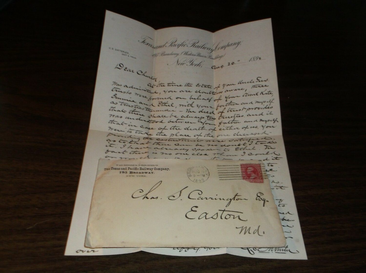 AUGUST 1892  TEXAS & PACIFIC RAILWAY LETTER AND ENVELOPE
