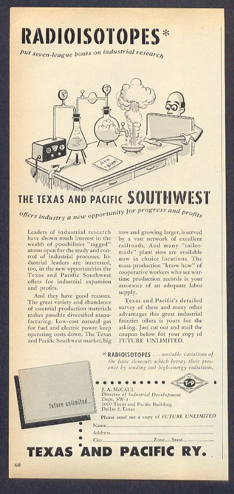 1948 Texas & Pacific Railway Ad - Radioisotopes