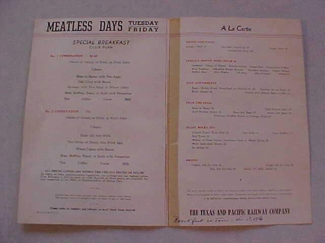 1943 Breakfast Menu - inside