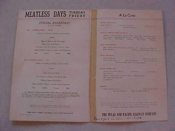 1943 Breakfast Menu - inside
