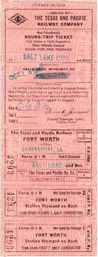 1945 Ticket - Shreveport to Salt Lake City on July 15th