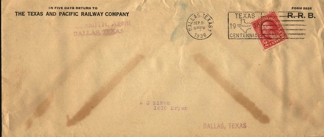 Envelope c1936 - Note Texas Centennial Cancel