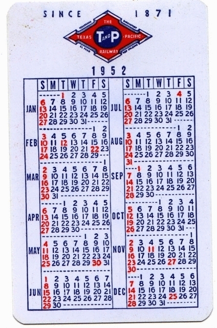 1952 Pocket Calendar - reverse