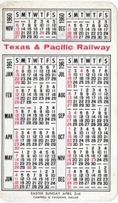 1961 Pocket Calendar - reverse
