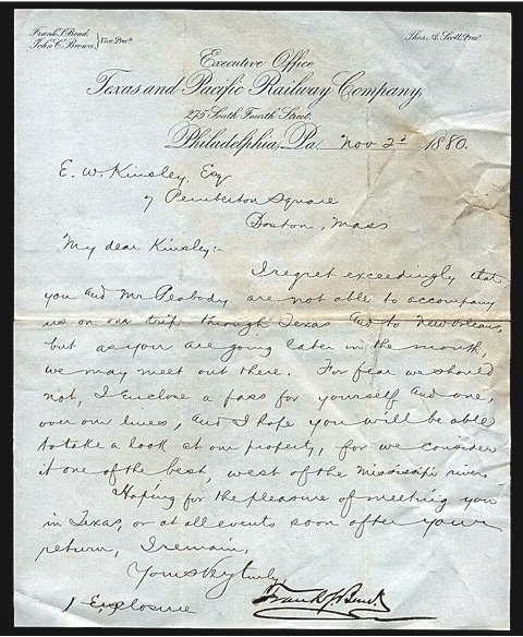 1890 November Letterhead used by T&P Vice-President Frank S. Bond