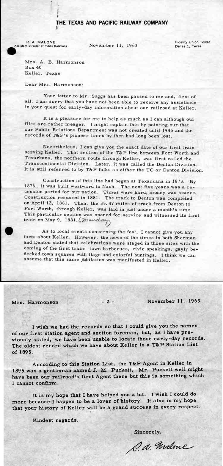 Response from the T and P Public Relations Department c1963.
