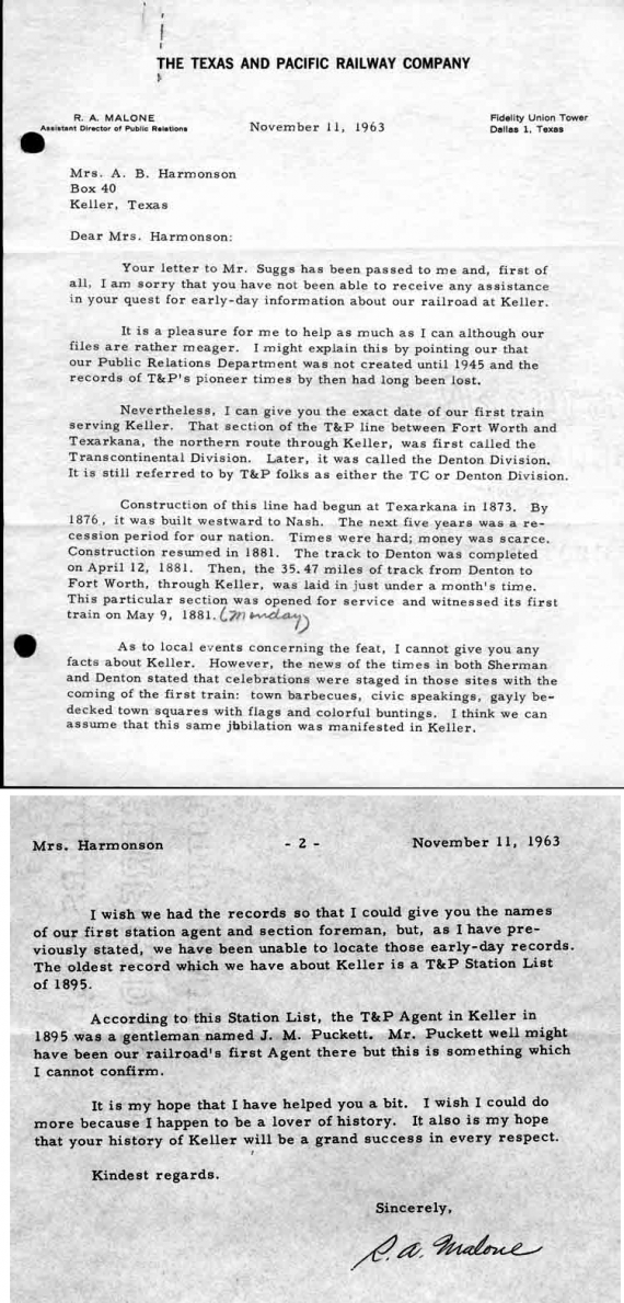 Response from the T and P Public Relations Department c1963.