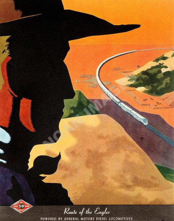 Route of the Eagles Texas Pacific vintage Railroad poster repro