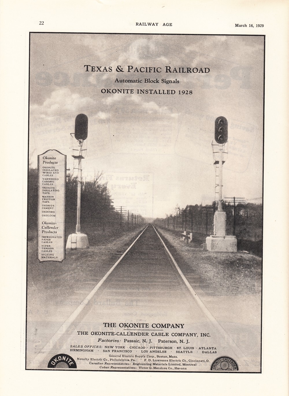 Texas & Pacific Railroad - Automatic Block Signals - Okonite isntalled 1928