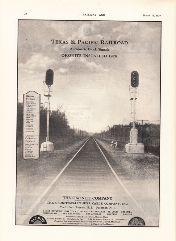Texas & Pacific Railroad - Automatic Block Signals - Okonite isntalled 1928