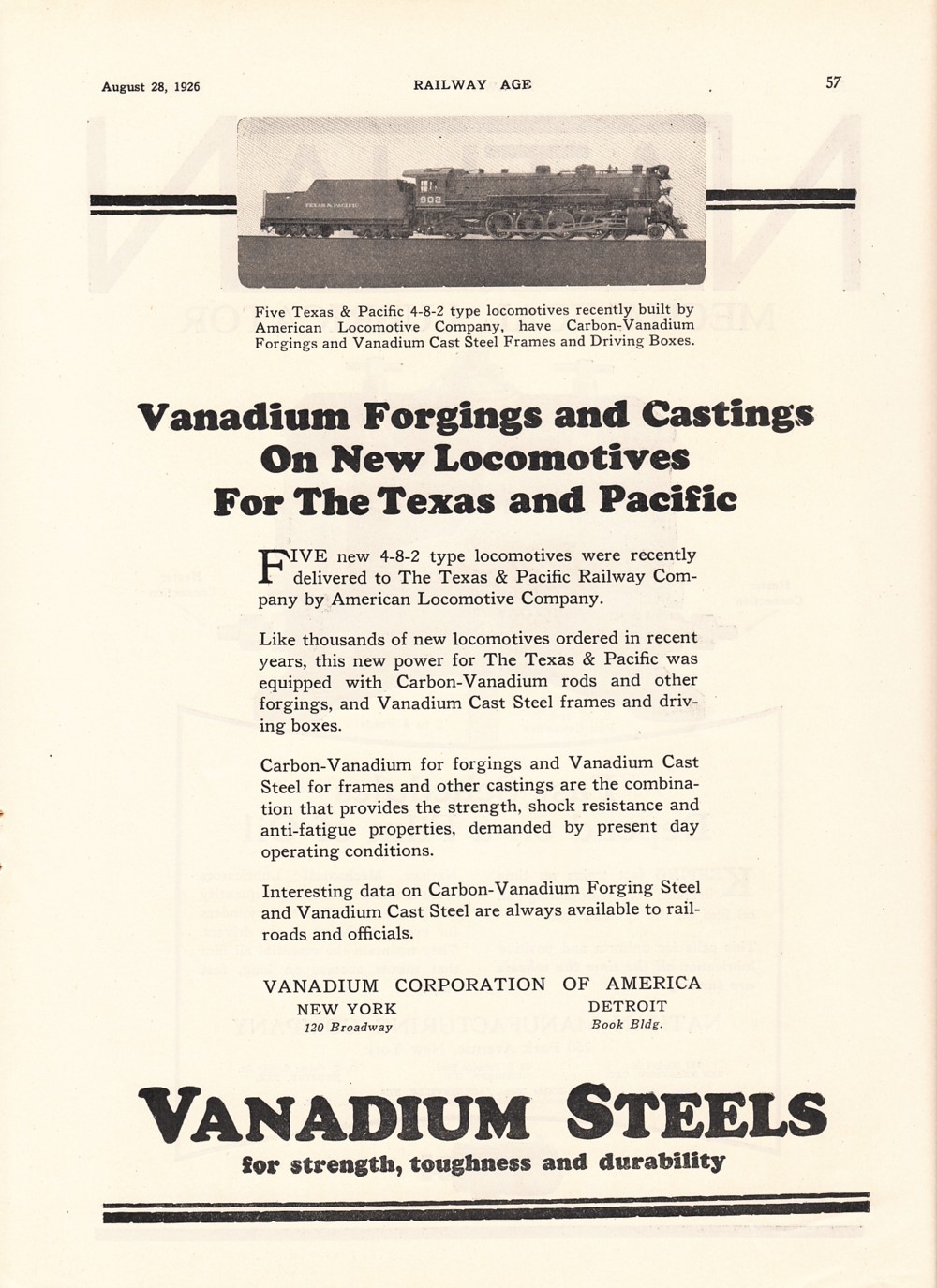 Vanadium forgings and castings on new locomotives for the Texas and Pacific