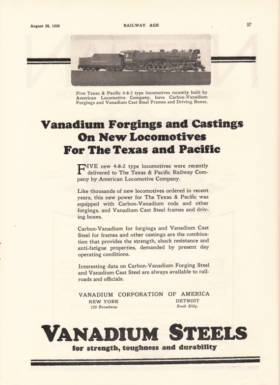 Vanadium forgings and castings on new locomotives for the Texas and Pacific