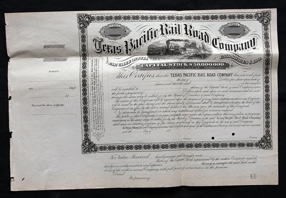 Texas & Pacific Stock Certificate,  $100 shares 1870's