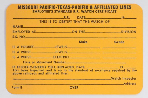 Missouri Pacific Texas-Pacific Railroad Employee's Pocket Watch Certificate Card
