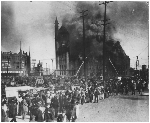First Texas and Pacific Railway Station on Fire