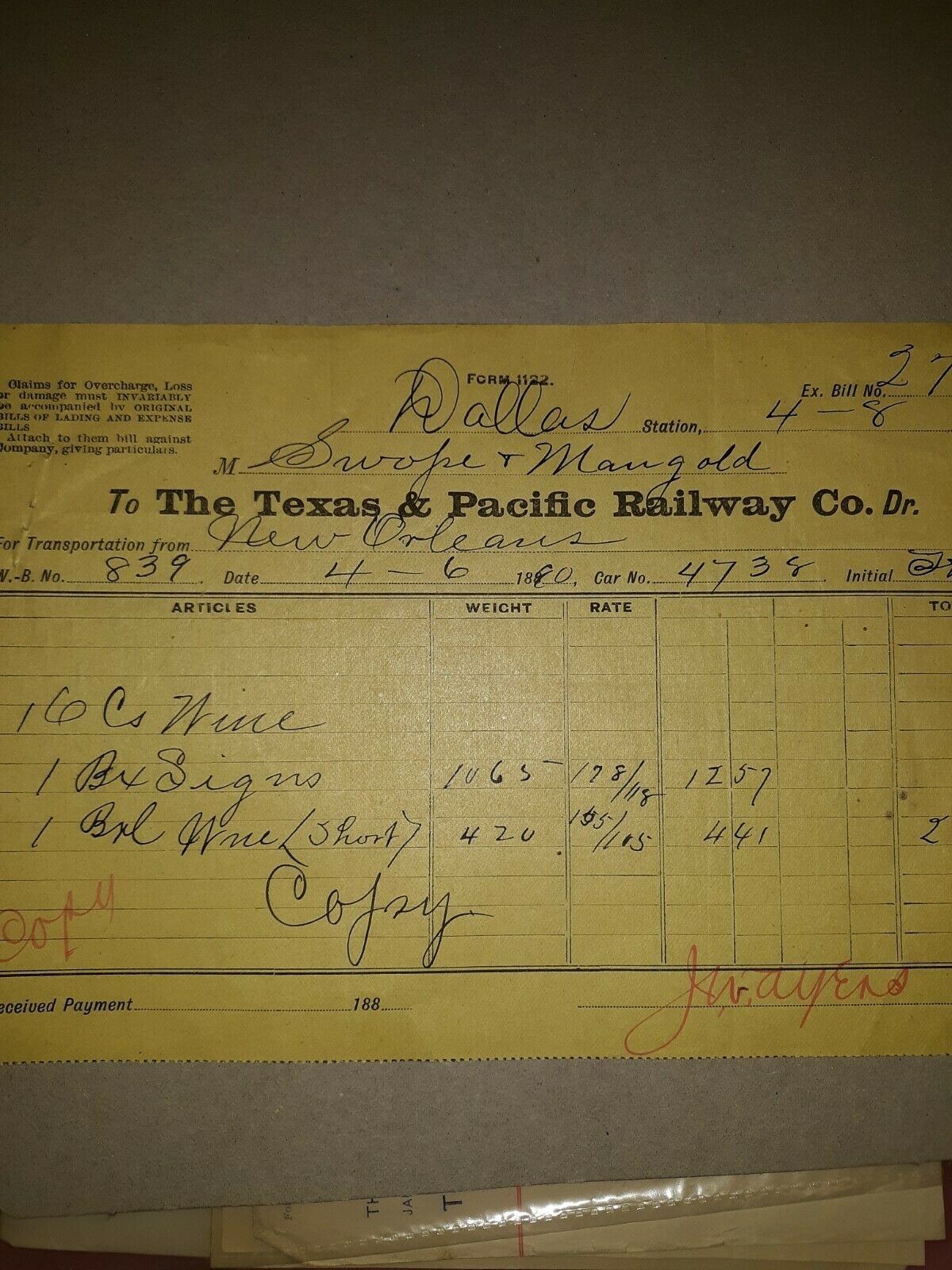 Bill of Lading, April 6, 1890