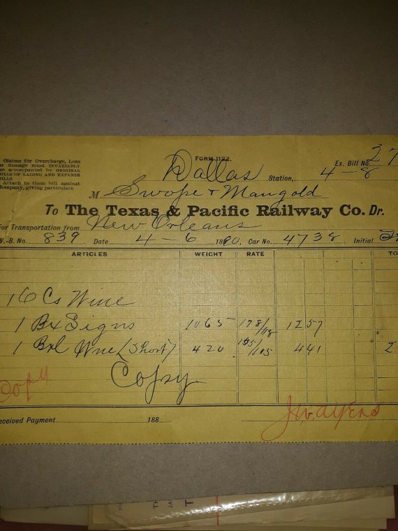 Bill of Lading, April 6, 1890