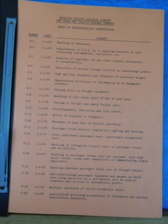 Index of Transportation Instructions