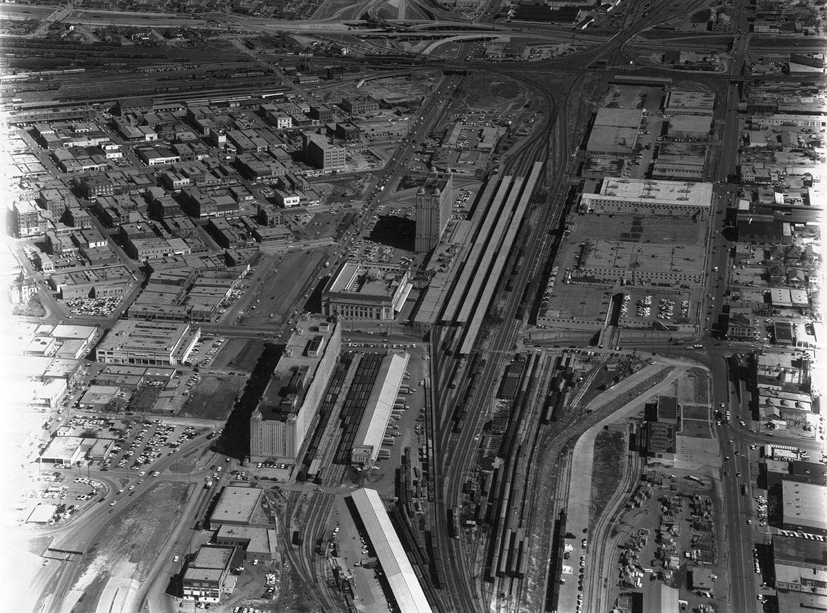 Aerial View of Downtown Fort Worth featuring T&P Station, Warehouse, and Lancaster Yards
