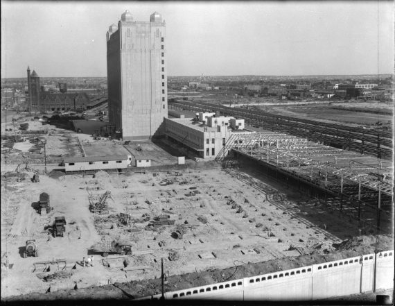 T&P Station behind construction of Fort Worth Post Office, 1931