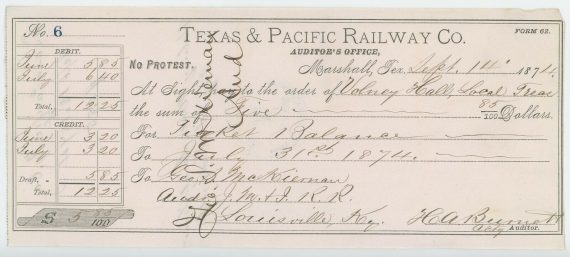 1874 Texas & Pacific Railway Bank Check