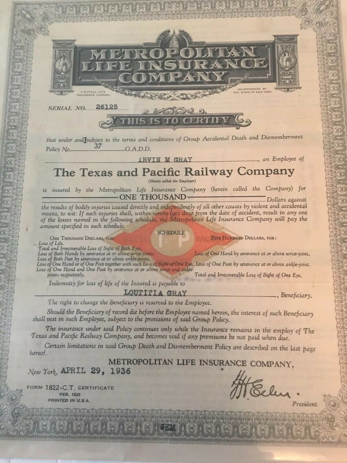 Metropolitan Life Insurance Co. policy for employee of Texas & Pacific Railway
