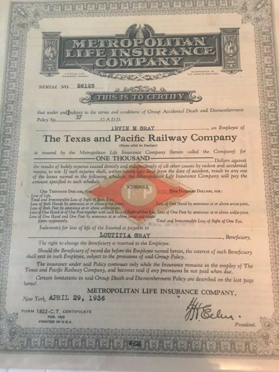 Metropolitan Life Insurance Co. policy for employee of Texas & Pacific Railway