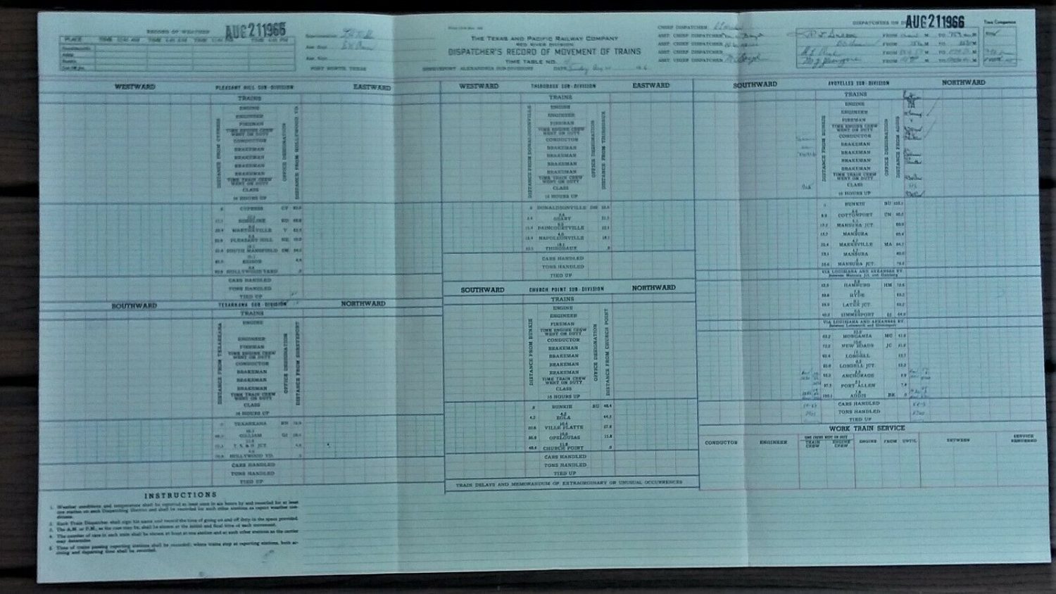 1966 Texas & Pacific Railroad -Dispatchers Record Train Movements, Red River Div
