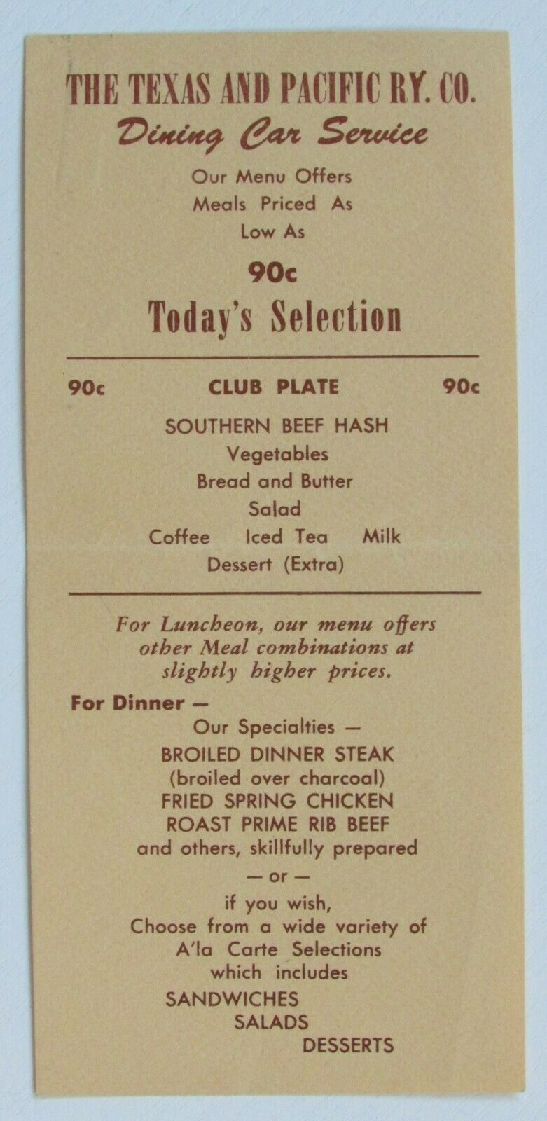 Dining Car Service Menu