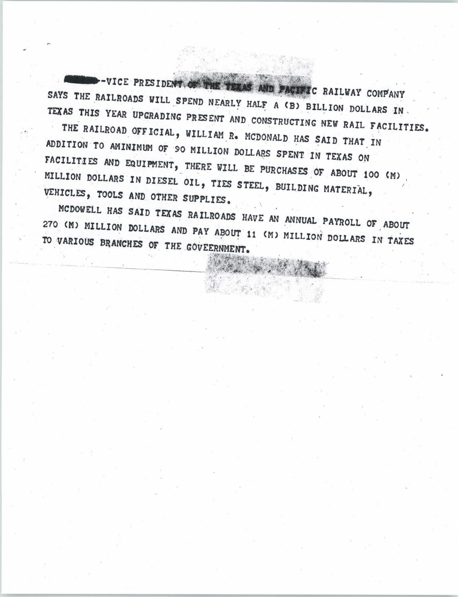News Script: Railroad upgrade costs