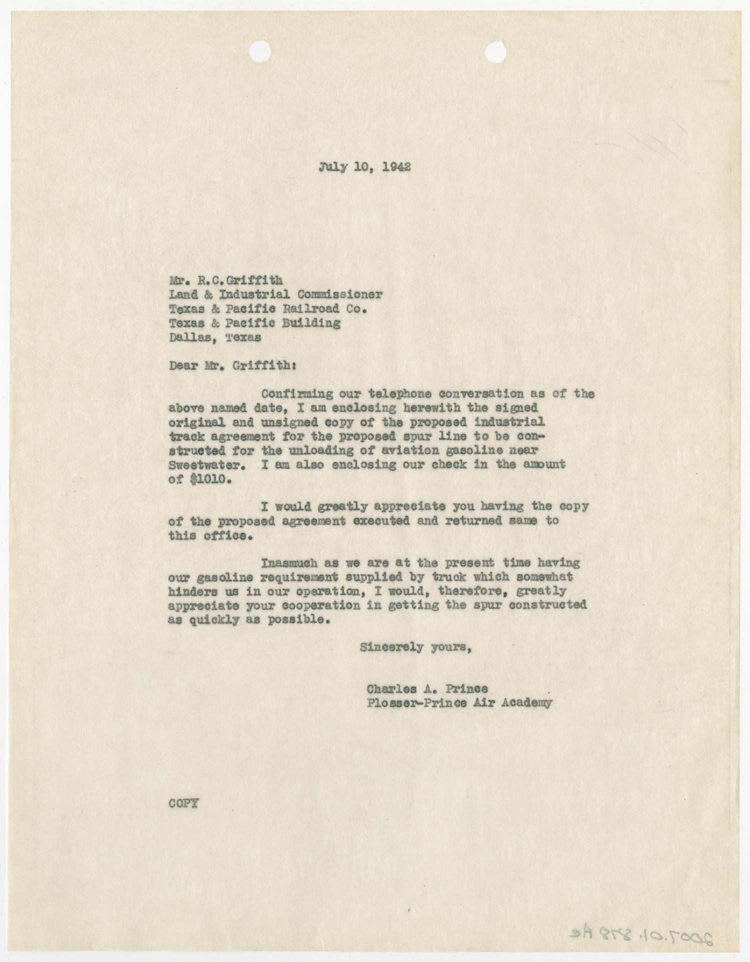 Letter from Charles A. Prince to R. C. Griffith, July 10, 1942