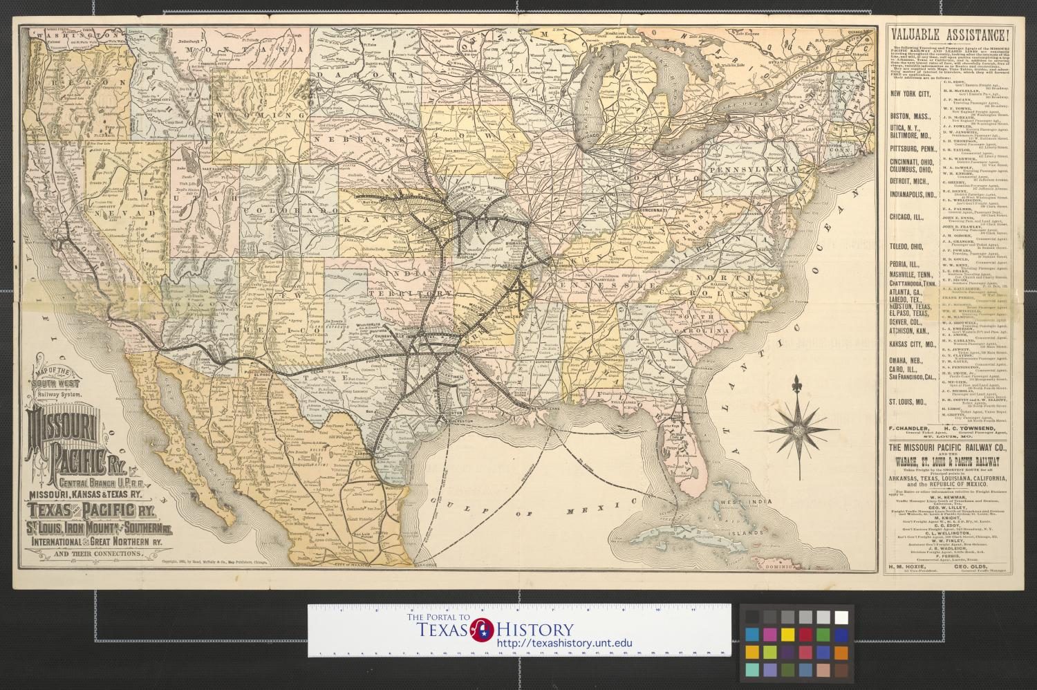 Map of the south west railway system: Missouri Pacific Ry. Central Branch U.P.R.R., Missouri Kansas & Texas Ry., Texas and Pacific Ry., St. Louis, Iron Mount & Southern Ry., International and Great Northern Ry. and their connections.
