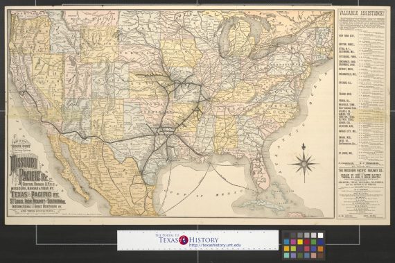 Map of the south west railway system: Missouri Pacific Ry. Central Branch U.P.R.R., Missouri Kansas & Texas Ry., Texas and Pacific Ry., St. Louis, Iron Mount & Southern Ry., International and Great Northern Ry. and their connections.