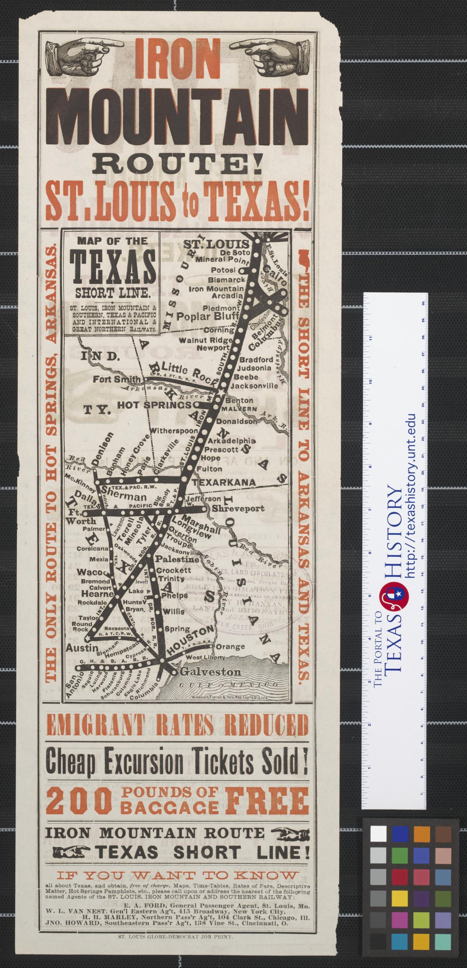 Map of the Texas short line: St. Louis, Iron Mountain & Southern, Texas & Pacific and International & Great Northern Railways.