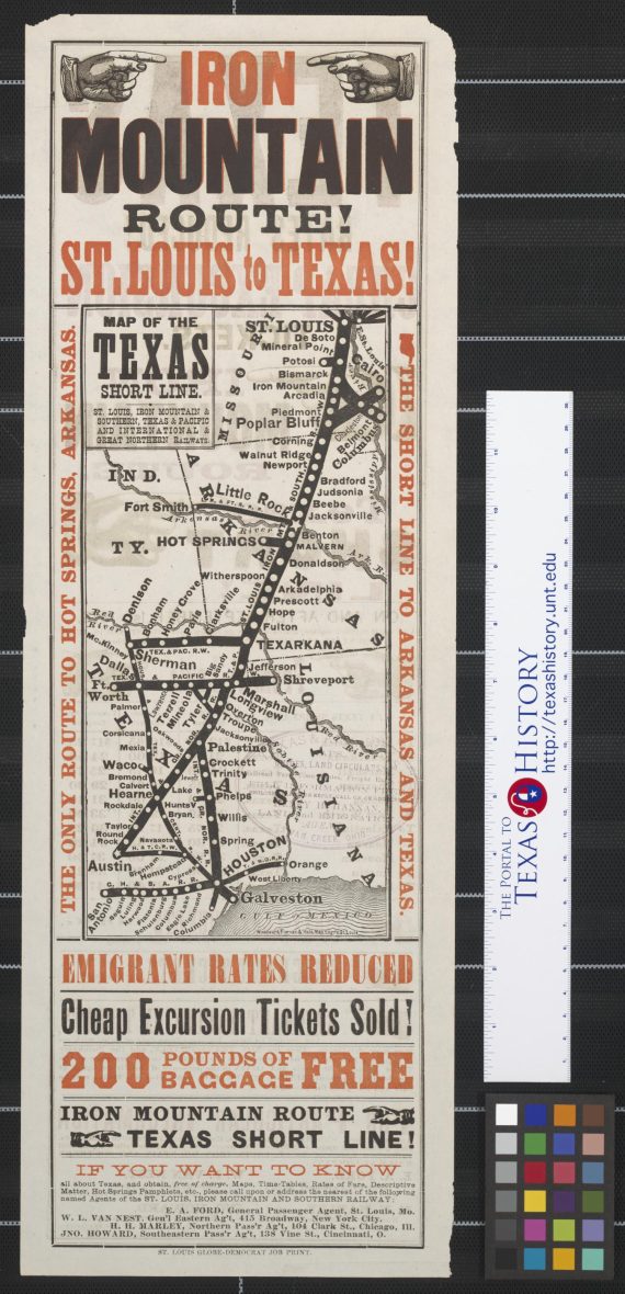 Map of the Texas short line: St. Louis, Iron Mountain & Southern, Texas & Pacific and International & Great Northern Railways.