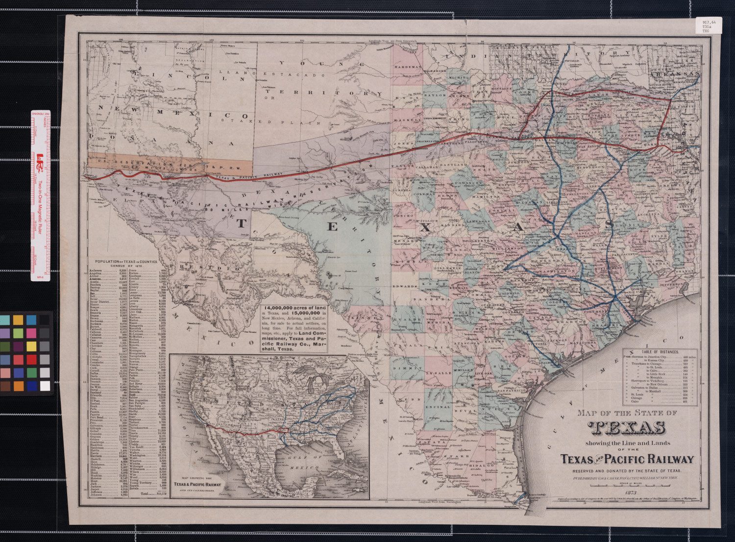 Map of the State of Texas showing the line and lands of the Texas and Pacific Railway.