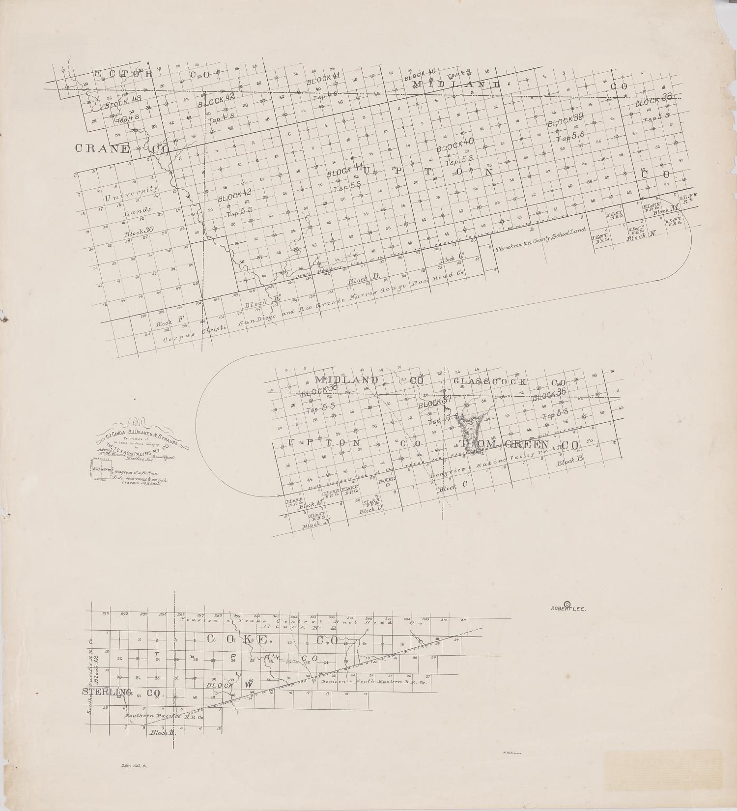 South boundary line of the Texas and Pacific Railway 80 mile reserve.