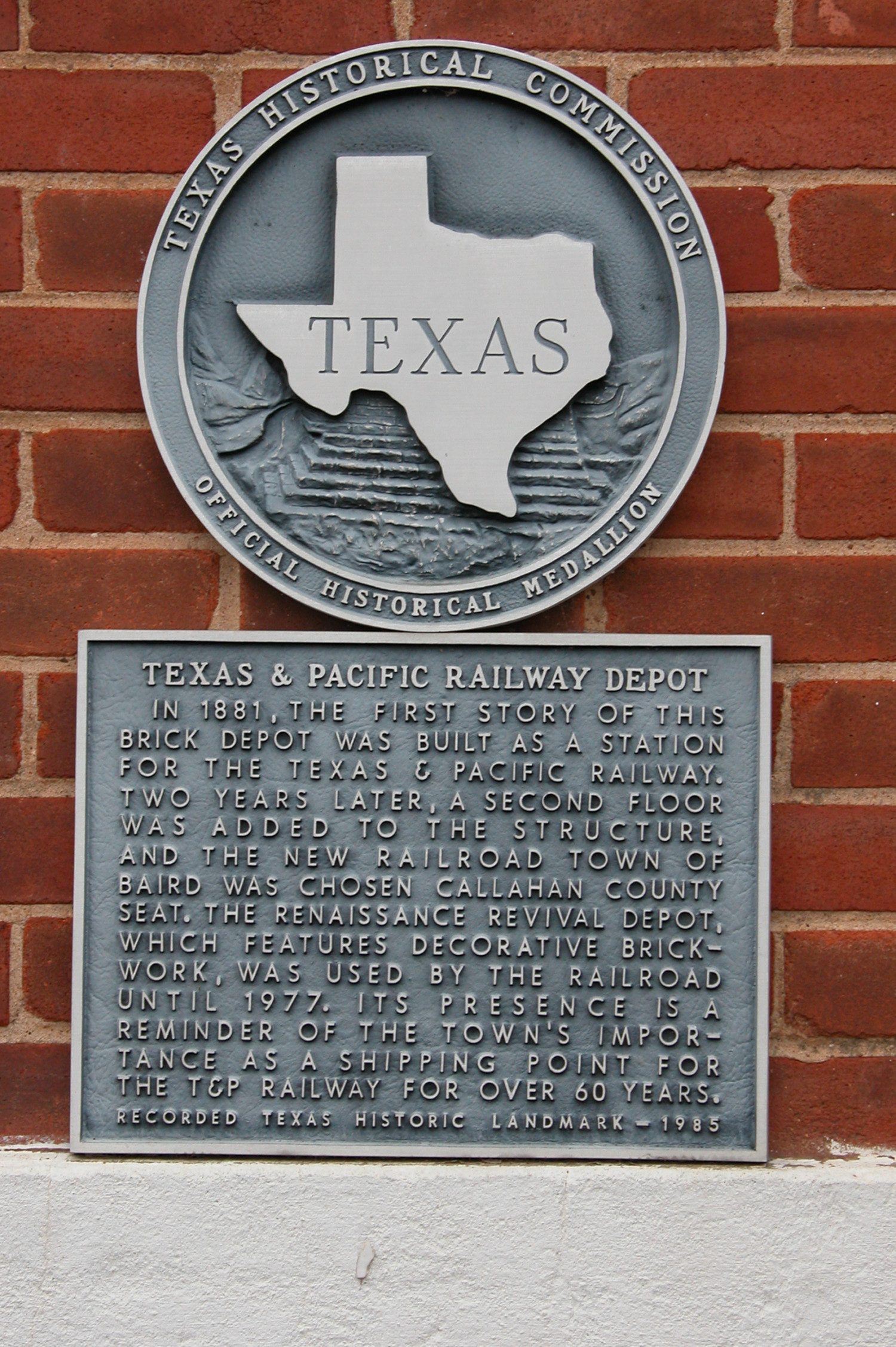 Texas & Pacific Railway Depot plaque, Baird