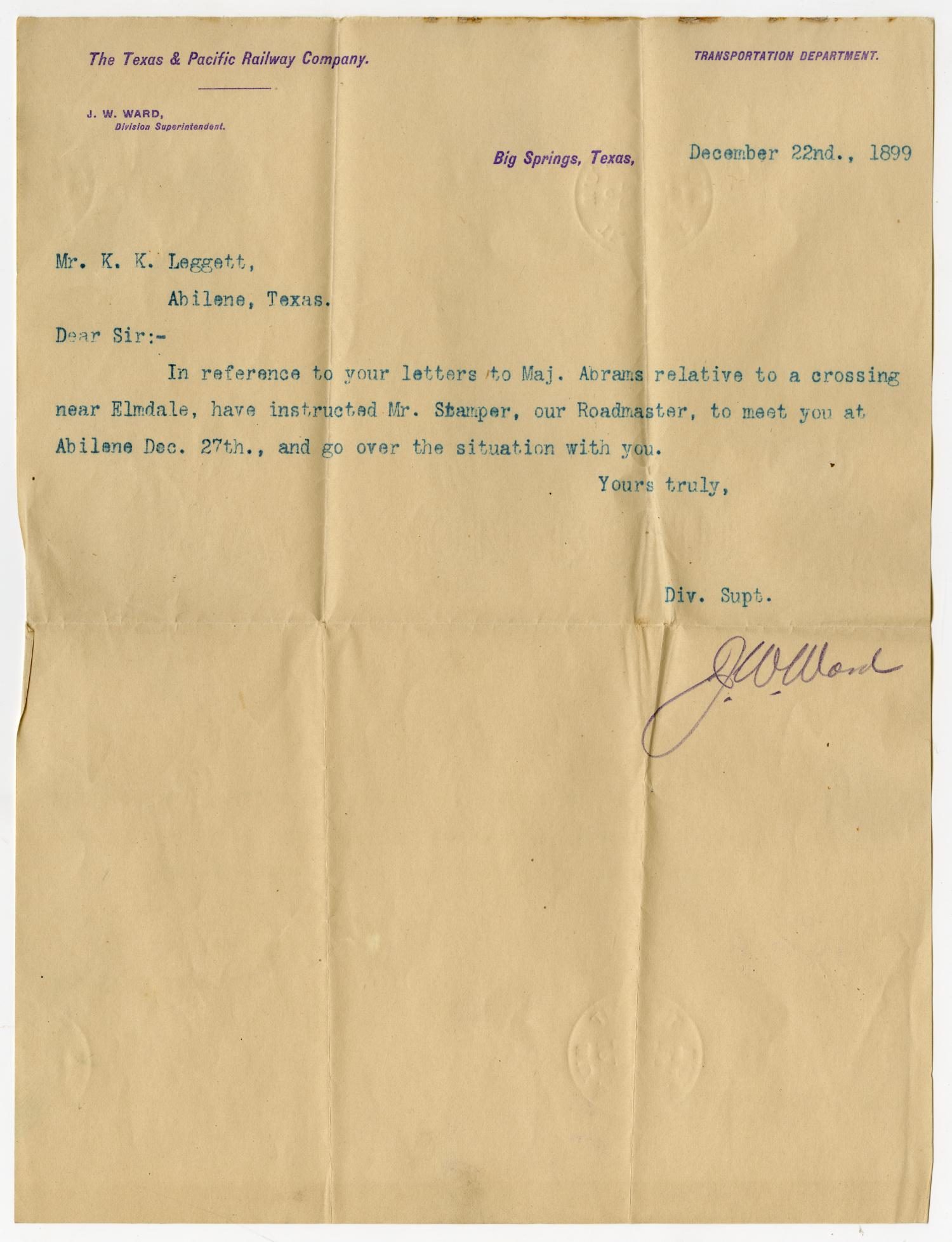 Letter from J.W. Ward to K.K. Legett - December 22, 1899