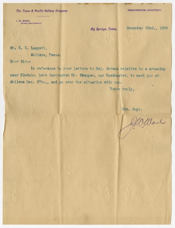 Letter from J.W. Ward to K.K. Legett - December 22, 1899