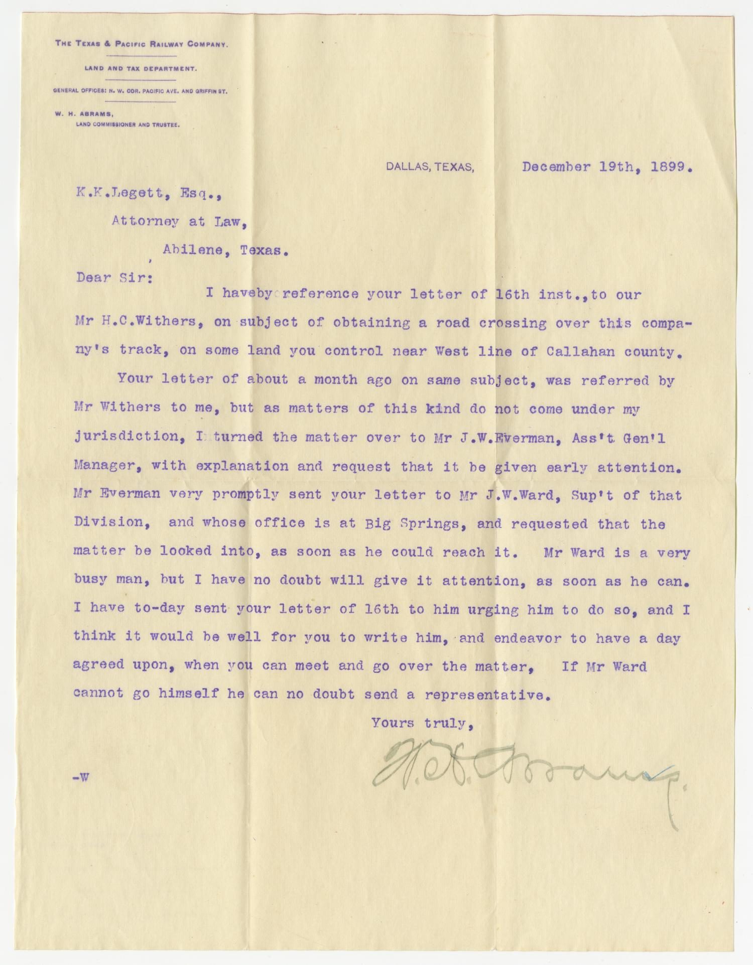 Letter from W.H. Abrams to K.K. Legett - December 19, 1899