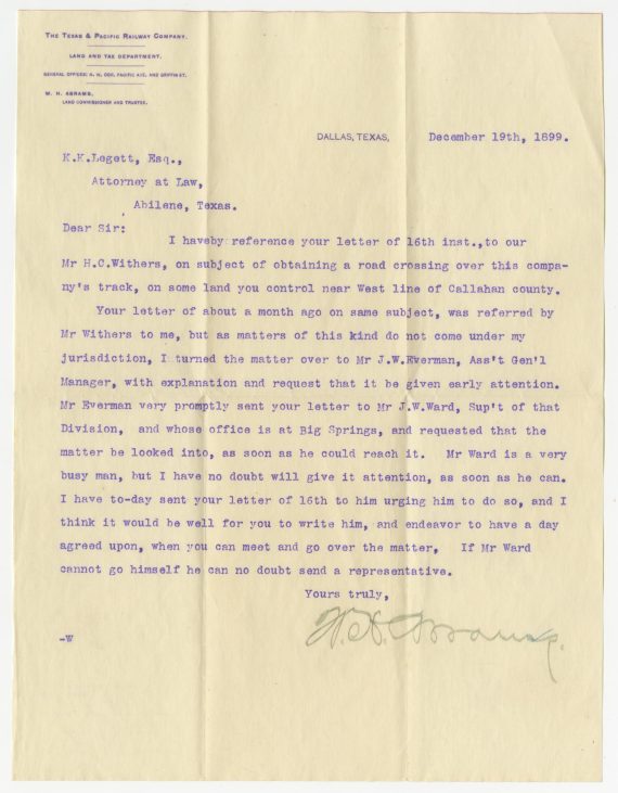 Letter from W.H. Abrams to K.K. Legett - December 19, 1899