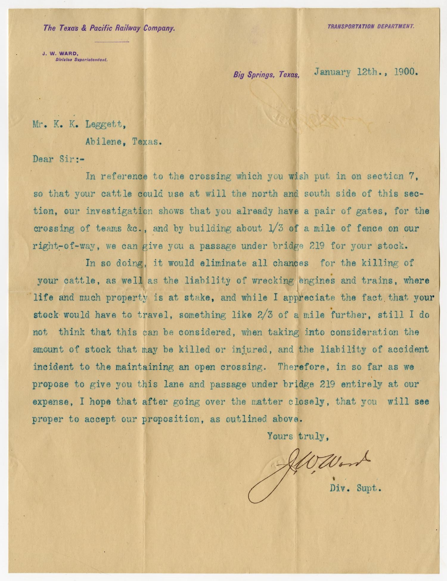 Letter from J.W. Ward to K.K. Legett - January 12, 1900