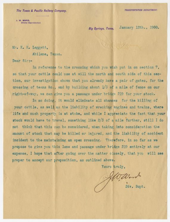 Letter from J.W. Ward to K.K. Legett - January 12, 1900