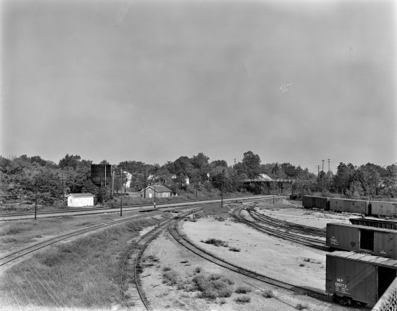 Texas and Pacific Depot and Freight Station, Northwest view from Bolivar Street viaduct showing water tower and Willow Street viaduct