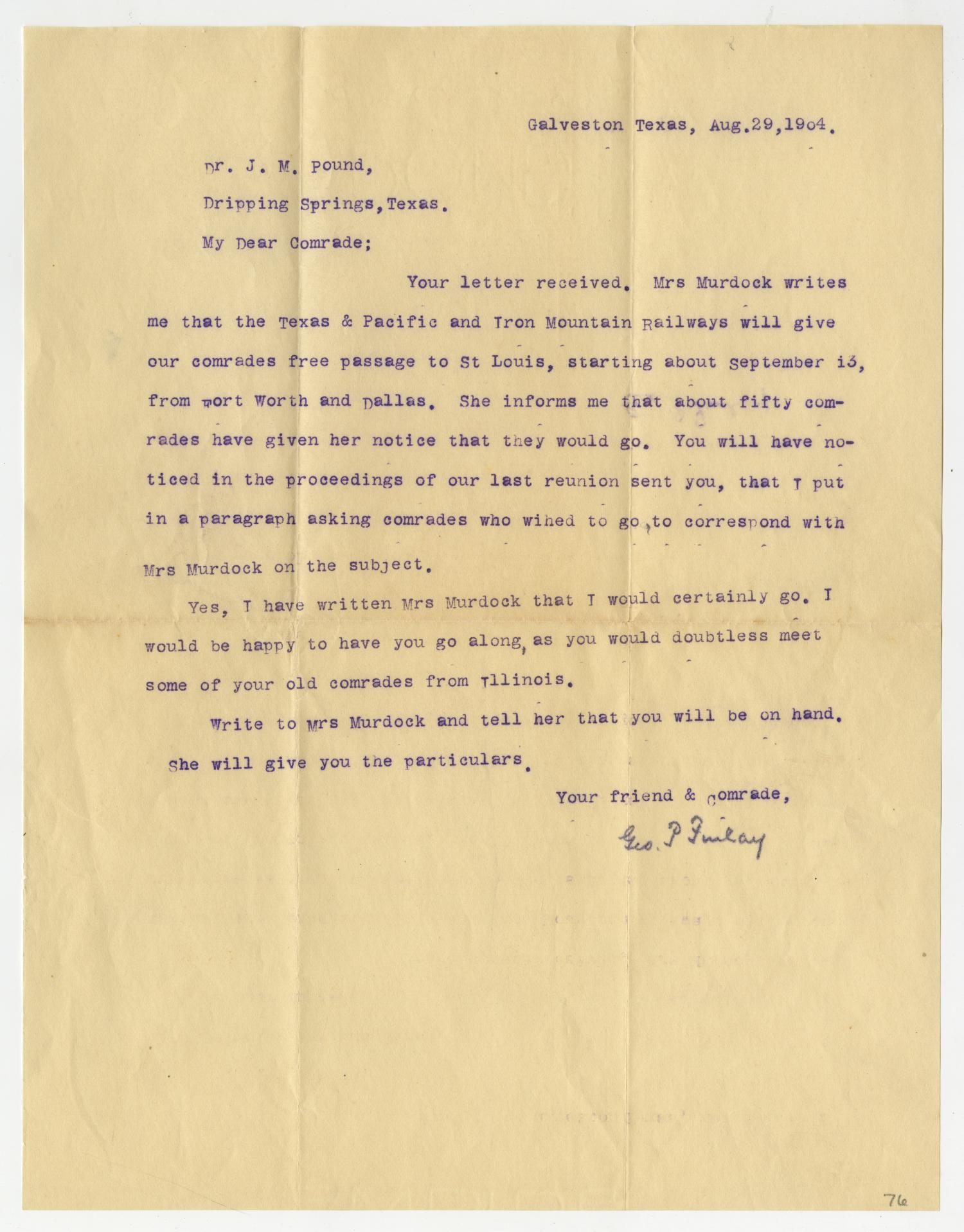 Letter from George P Fuilay to Dr. Joseph Pound, August 29, 1904