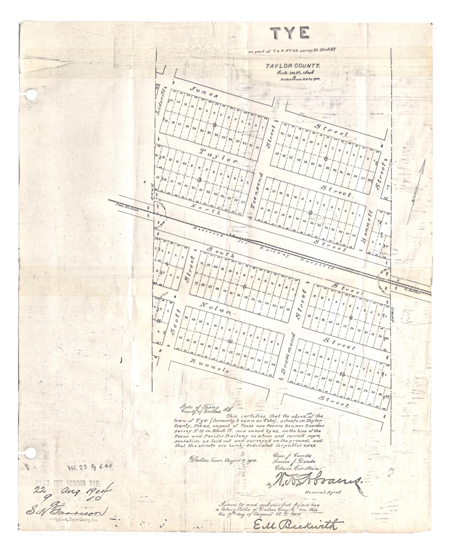 Tye: on part of Texas and Pacific Railway Company survey 33, Block 27