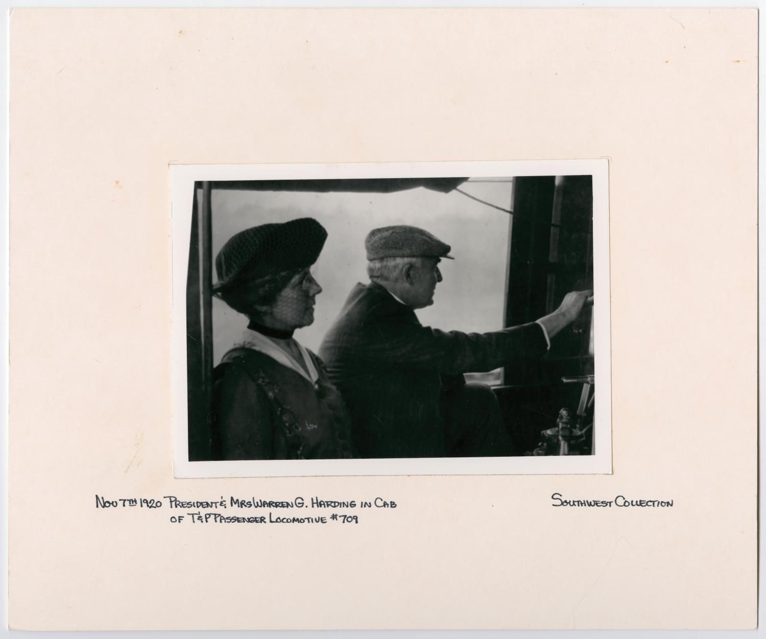 Photo of President & Mrs. Harding in the Cab of a Passenger Train
