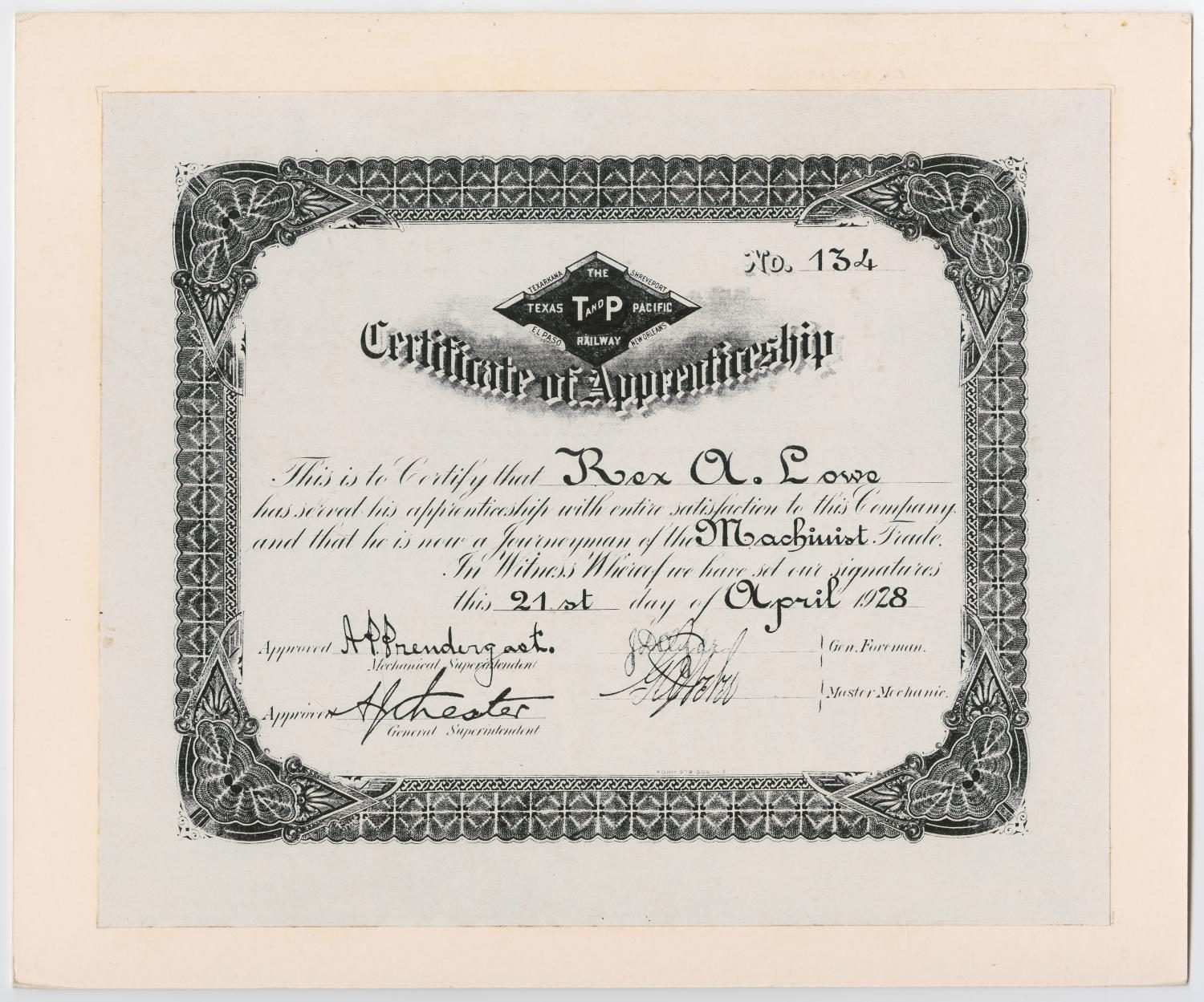 Certificate of Apprenticeship for Rex A. Lowe