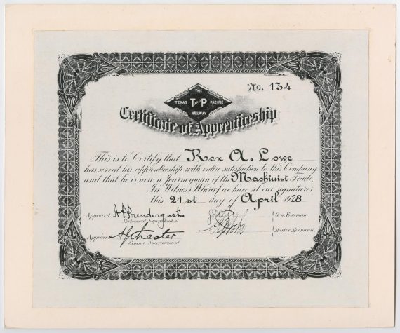 Certificate of Apprenticeship for Rex A. Lowe